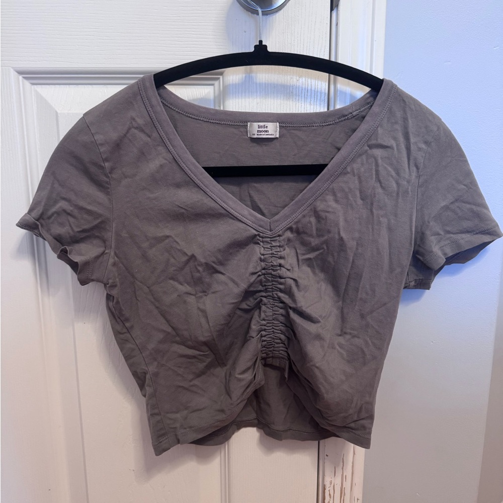 Little Moon Charcoal V-Neck Ruched Crop Top